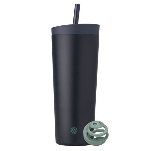 Full view of the BlenderBottle 2-in-1 Shaker Tumbler, showcasing the blue-black bottle with a green BlenderBall on the side for smooth mixing. | Color#Midnight