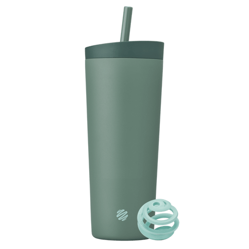 Full view of the BlenderBottle 2-in-1 Shaker Tumbler in sea green, featuring a darker green lid and straw, along with an aqua BlenderBall for smooth mixing. | Color#Sea Glass